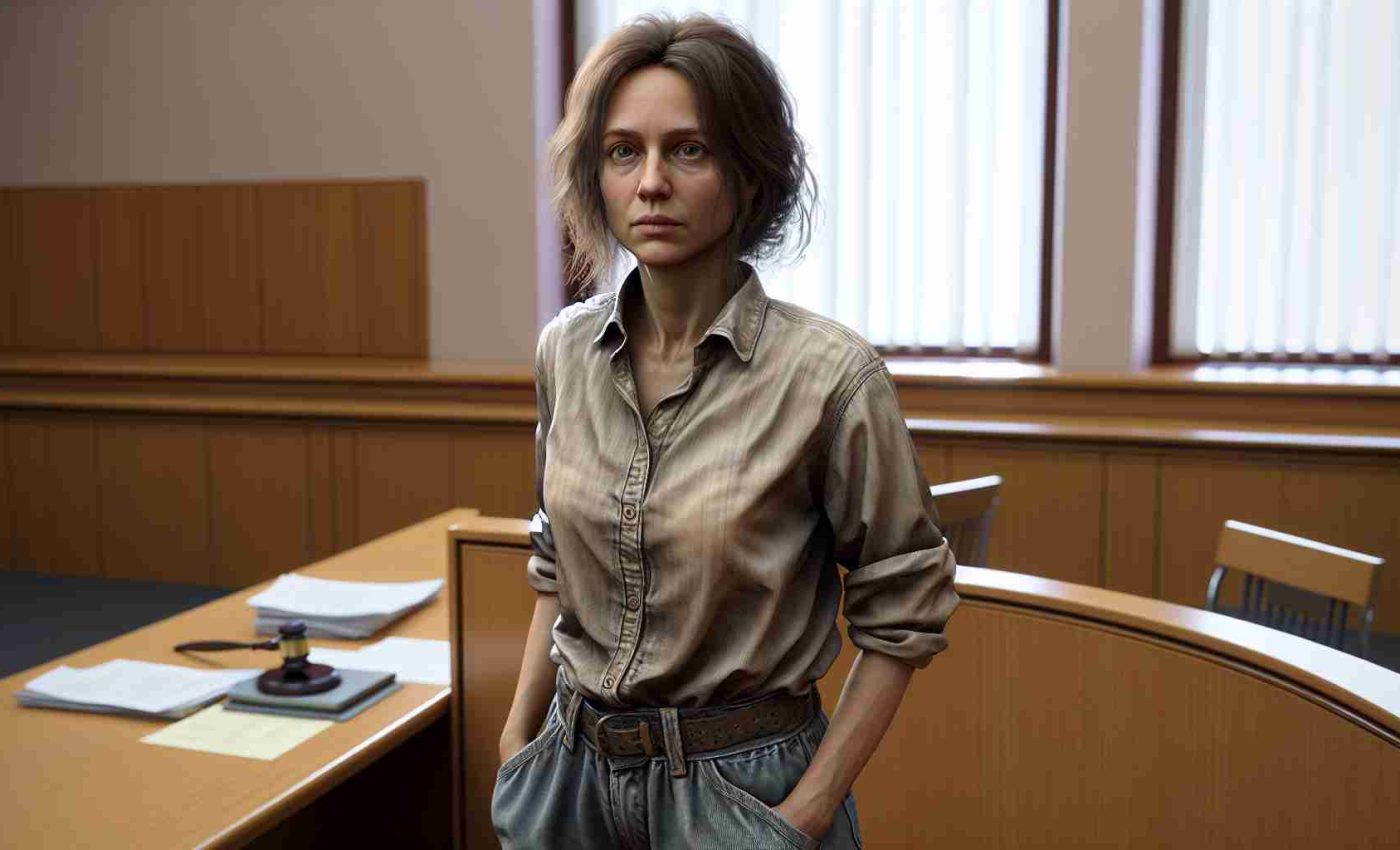 High-definition, realistic image of a middle-aged Caucasian woman who has just been sentenced to 12 years in prison for supporting the Ukrainian army. She's wearing a simple outfit, likely her own clothes - baggy jeans and a casual, loose-fit shirt. Her hair is shoved back from her face, and she keeps on notably brave face despite the harsh sentencing. The backdrop is a nondescript court room; a bench, a gavel and legal documents scattered around.