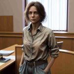 High-definition, realistic image of a middle-aged Caucasian woman who has just been sentenced to 12 years in prison for supporting the Ukrainian army. She's wearing a simple outfit, likely her own clothes - baggy jeans and a casual, loose-fit shirt. Her hair is shoved back from her face, and she keeps on notably brave face despite the harsh sentencing. The backdrop is a nondescript court room; a bench, a gavel and legal documents scattered around.