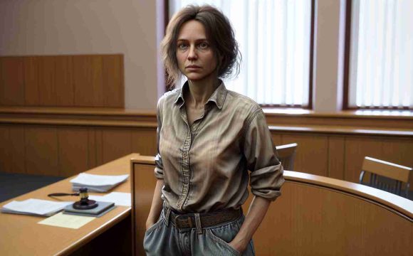 High-definition, realistic image of a middle-aged Caucasian woman who has just been sentenced to 12 years in prison for supporting the Ukrainian army. She's wearing a simple outfit, likely her own clothes - baggy jeans and a casual, loose-fit shirt. Her hair is shoved back from her face, and she keeps on notably brave face despite the harsh sentencing. The backdrop is a nondescript court room; a bench, a gavel and legal documents scattered around.