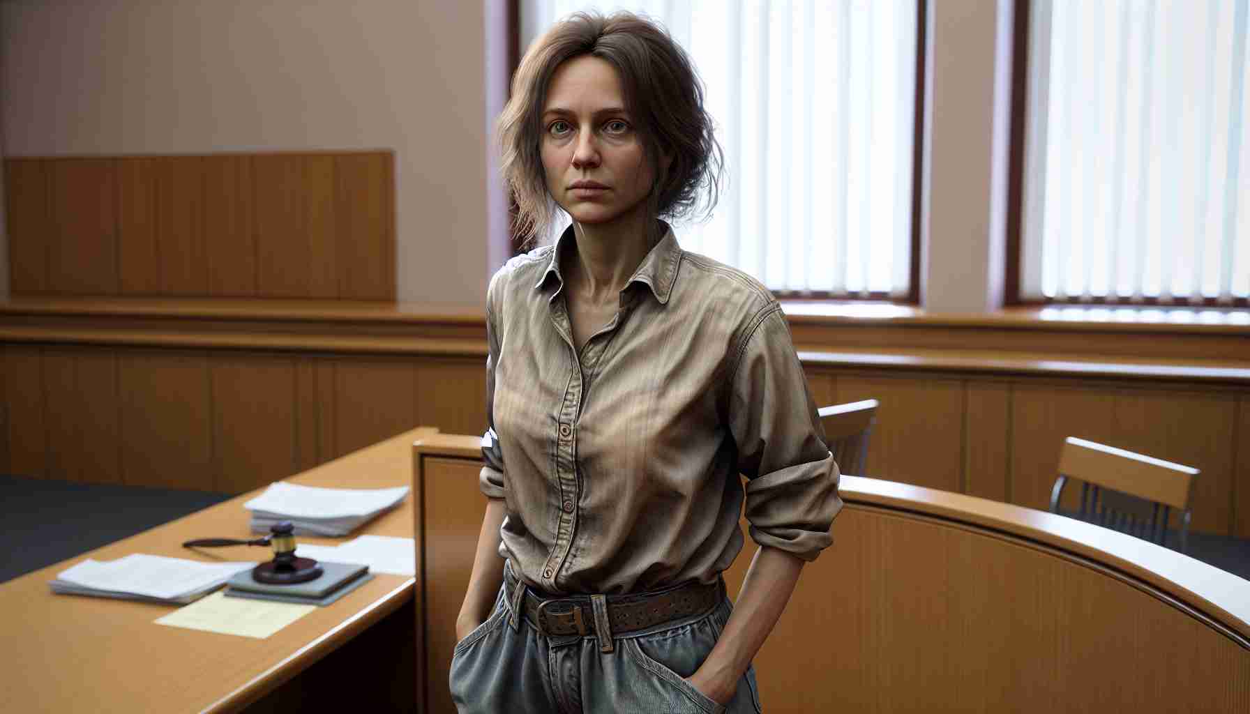 High-definition, realistic image of a middle-aged Caucasian woman who has just been sentenced to 12 years in prison for supporting the Ukrainian army. She's wearing a simple outfit, likely her own clothes - baggy jeans and a casual, loose-fit shirt. Her hair is shoved back from her face, and she keeps on notably brave face despite the harsh sentencing. The backdrop is a nondescript court room; a bench, a gavel and legal documents scattered around.