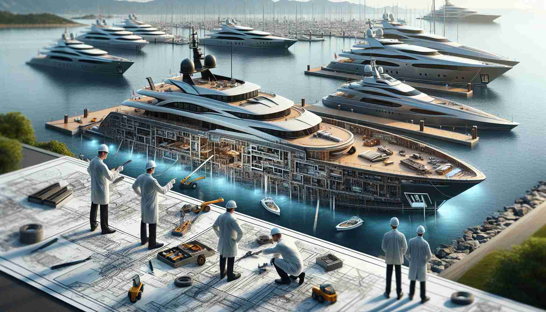 Create a detailed, high-definition image that depicts the aftermath of a luxury yacht's incident. The scene shows experts meticulously examining the yacht, pointing out the structural flaws that led to the unfortunate event. In the foreground, crucial pieces of the ship’s structure are highlighted, showcasing the inherent defects that contributed to the calamity. The backdrop features a marina with other luxurious vessels docked, the calmness of the scene contrasting starkly with the gravity of the investigation at hand.