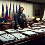 An HD quality, realistic image depicting a significant moment in politics: a predominantly decorated official - the ambassador of a South American country - is seen in a well-furnished office. He stands by a large wooden desk, his face a mix of determination and regret. On the table, there are numerous envelopes - each labelled with the name of a different foreign department - neatly arranged, symbolising a large number of diplomats being expelled. International flags are visible in the background, signaling diplomatic tension.