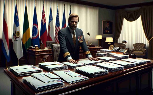 An HD quality, realistic image depicting a significant moment in politics: a predominantly decorated official - the ambassador of a South American country - is seen in a well-furnished office. He stands by a large wooden desk, his face a mix of determination and regret. On the table, there are numerous envelopes - each labelled with the name of a different foreign department - neatly arranged, symbolising a large number of diplomats being expelled. International flags are visible in the background, signaling diplomatic tension.