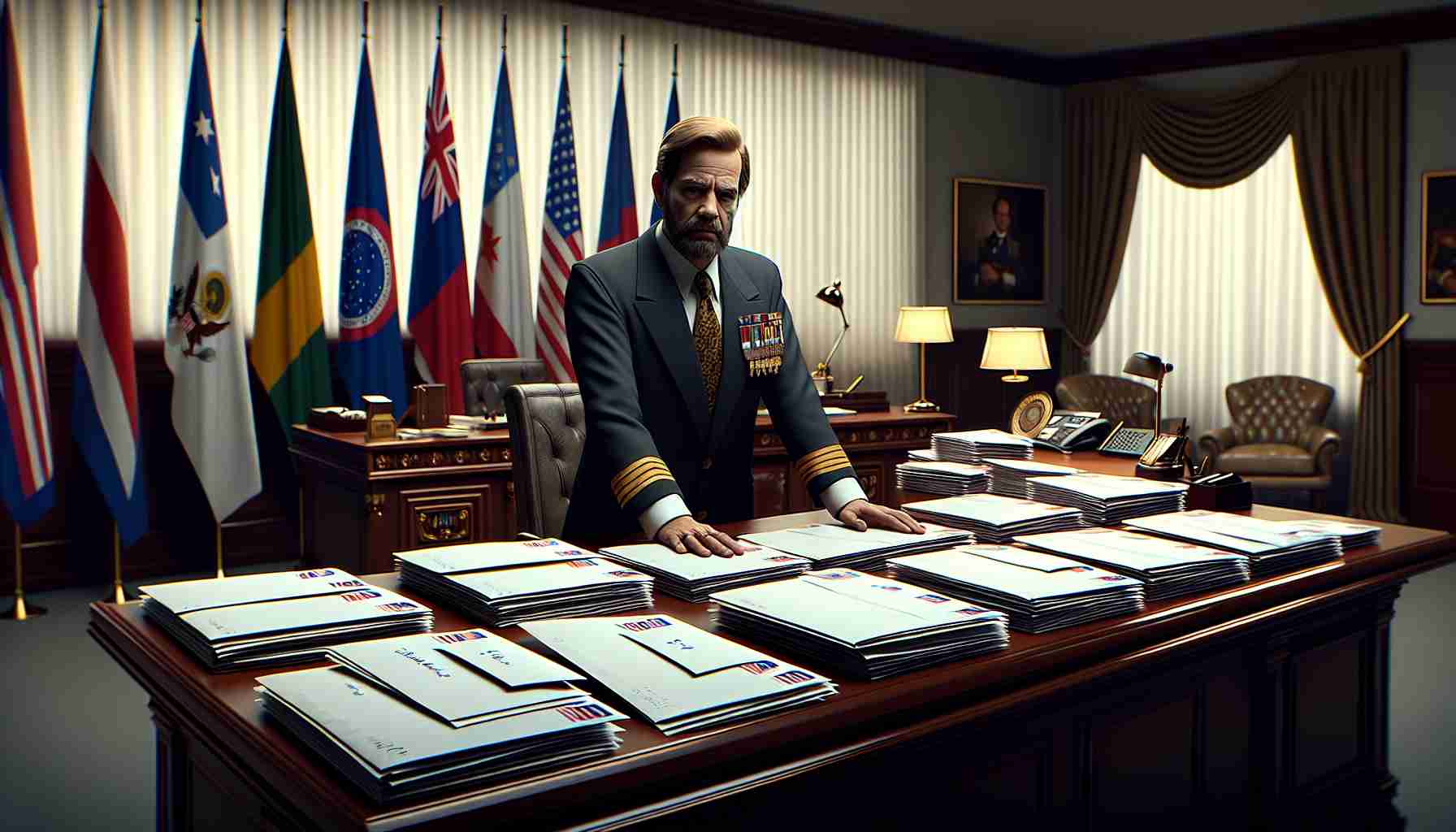 An HD quality, realistic image depicting a significant moment in politics: a predominantly decorated official - the ambassador of a South American country - is seen in a well-furnished office. He stands by a large wooden desk, his face a mix of determination and regret. On the table, there are numerous envelopes - each labelled with the name of a different foreign department - neatly arranged, symbolising a large number of diplomats being expelled. International flags are visible in the background, signaling diplomatic tension.