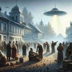 Depict a high definition, realistic scene in a small Belarusian town where there are rumors of extraterrestrial activity. The townsfolk look visibly disturbed and panicked. Some are gathered in hushed discussions while others are seen hastily packing their possessions. One person is pointing towards the sky where there is an unusual object, resembling a UFO, hanging worryingly low. A mist of unease lingers in the air but amidst the chaos, the town's age-old architecture stands out, reflective of its rich history and culture.