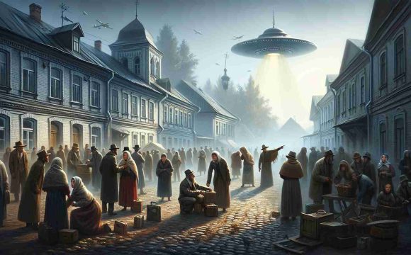 Depict a high definition, realistic scene in a small Belarusian town where there are rumors of extraterrestrial activity. The townsfolk look visibly disturbed and panicked. Some are gathered in hushed discussions while others are seen hastily packing their possessions. One person is pointing towards the sky where there is an unusual object, resembling a UFO, hanging worryingly low. A mist of unease lingers in the air but amidst the chaos, the town's age-old architecture stands out, reflective of its rich history and culture.