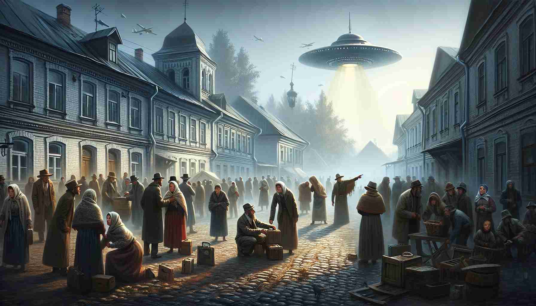 Depict a high definition, realistic scene in a small Belarusian town where there are rumors of extraterrestrial activity. The townsfolk look visibly disturbed and panicked. Some are gathered in hushed discussions while others are seen hastily packing their possessions. One person is pointing towards the sky where there is an unusual object, resembling a UFO, hanging worryingly low. A mist of unease lingers in the air but amidst the chaos, the town's age-old architecture stands out, reflective of its rich history and culture.