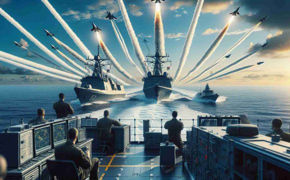 A high definition, realistic image depicting a naval crew conducting successful long-range interception tests. The scene includes state-of-the-art naval ships at sea, as they execute and mark the success of their mission. The sky is painted with the stark contrast of the missile trails, embodying the test in action. Elements of navigation and strategic planning equipment can be seen, as the crew diligently works towards their goal. The crew members are of diverse descents including, Caucasian, Hispanic, and Middle-Eastern.