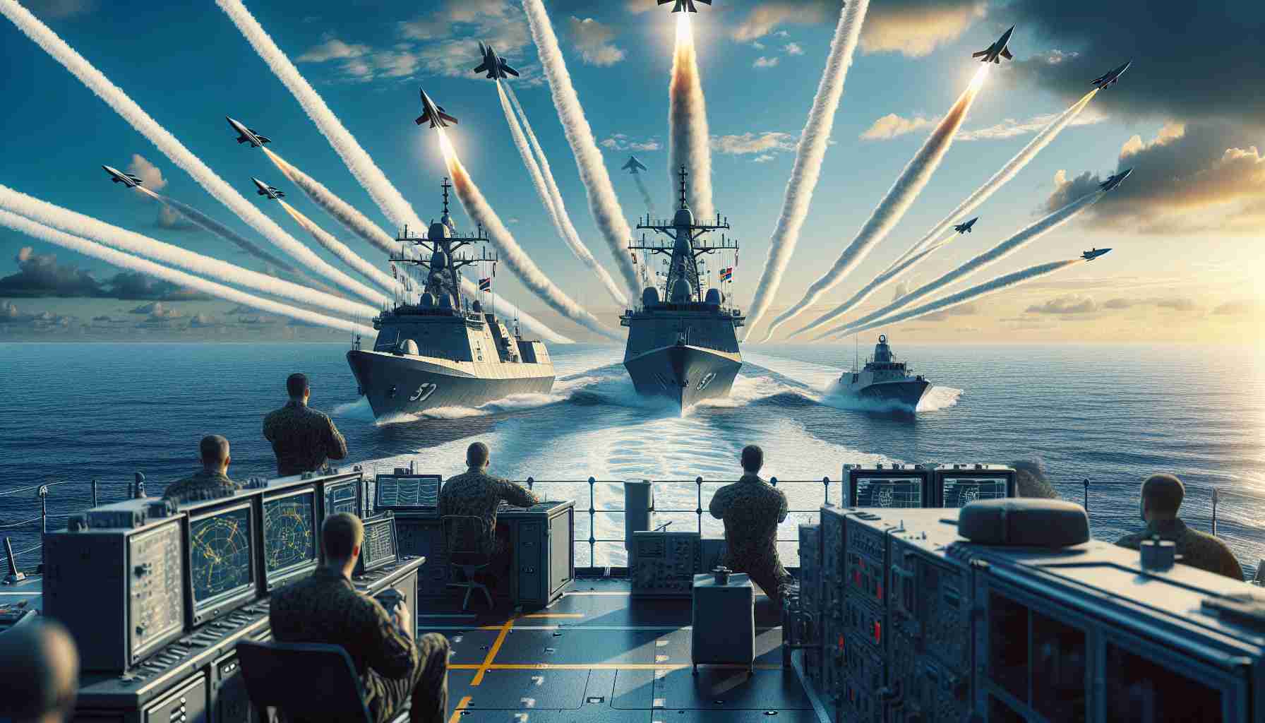 A high definition, realistic image depicting a naval crew conducting successful long-range interception tests. The scene includes state-of-the-art naval ships at sea, as they execute and mark the success of their mission. The sky is painted with the stark contrast of the missile trails, embodying the test in action. Elements of navigation and strategic planning equipment can be seen, as the crew diligently works towards their goal. The crew members are of diverse descents including, Caucasian, Hispanic, and Middle-Eastern.