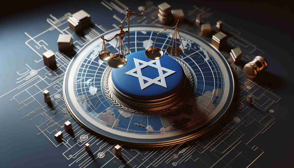 High-definition, realistic image of a symbolic representation of a country with a Star of David on its flag standing firm against a symbolic representation of an international court denoted by a scale and a world map.