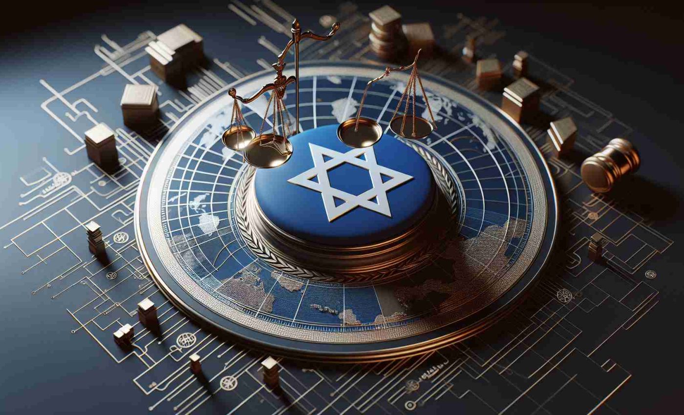 High-definition, realistic image of a symbolic representation of a country with a Star of David on its flag standing firm against a symbolic representation of an international court denoted by a scale and a world map.