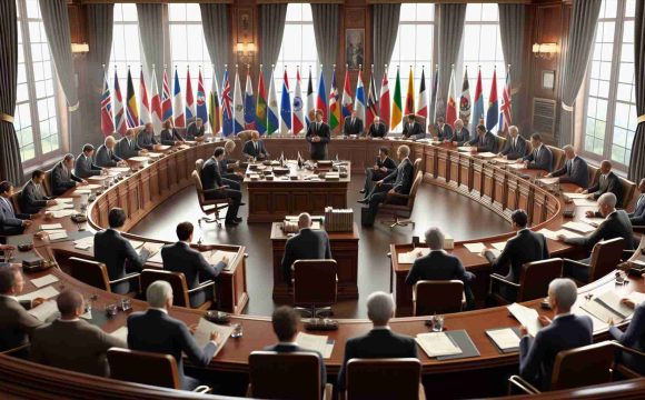 A realistic, high-definition image illustrating an imaginary political landscape where various politicians are gathered, reviewing and analyzing paperwork and engaging in thoughtful conversations. The setting should resemble a governmental office, complete with flags, polished wooden desks, and formal attires, symbolic to the phrase 'Cabinet Reshuffle'. The politicians should come from diverse ethnic backgrounds to depict a global perspective. However, it should neither reflect any real-life political move nor portray any specific national or international walk of politics; hence no flags or symbols that could identify real countries or politicians. Do not include any real-life politicians or recognizable figures.