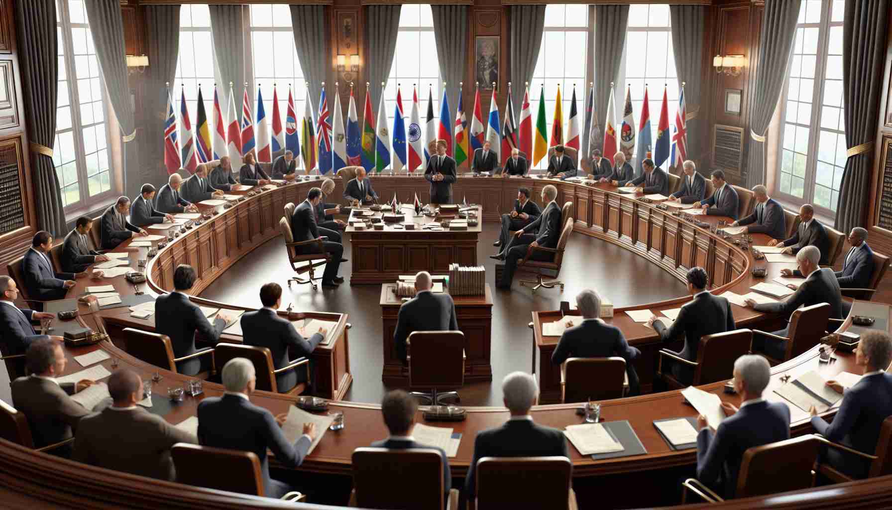 A realistic, high-definition image illustrating an imaginary political landscape where various politicians are gathered, reviewing and analyzing paperwork and engaging in thoughtful conversations. The setting should resemble a governmental office, complete with flags, polished wooden desks, and formal attires, symbolic to the phrase 'Cabinet Reshuffle'. The politicians should come from diverse ethnic backgrounds to depict a global perspective. However, it should neither reflect any real-life political move nor portray any specific national or international walk of politics; hence no flags or symbols that could identify real countries or politicians. Do not include any real-life politicians or recognizable figures.