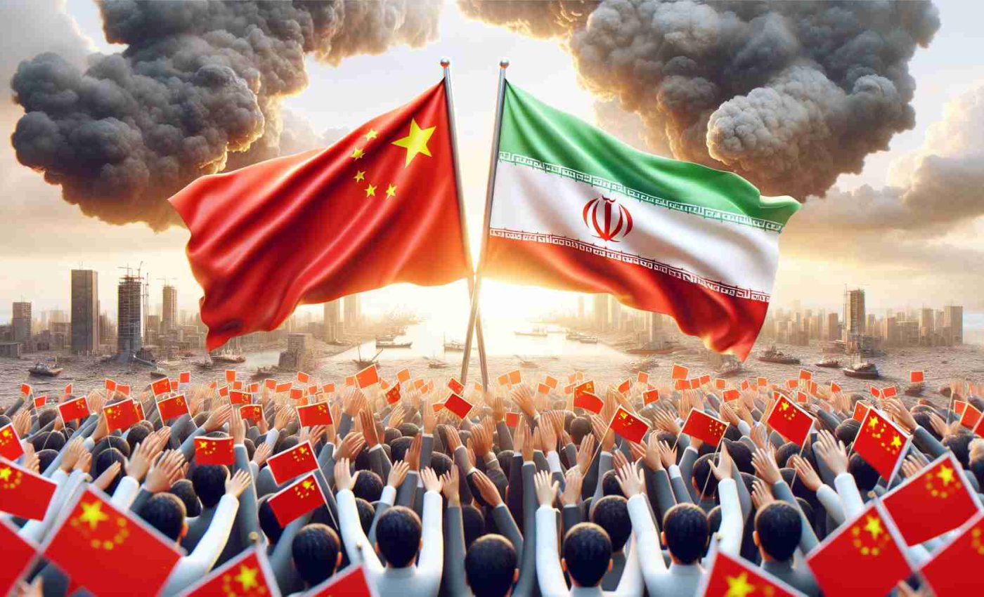 Realistic high-definition illustration showing symbolic representation of China showing solidarity with Iran amidst evident signs of escalating tensions in the Middle East region. This could be portrayed as flags of both nations standing tall against a background that reflects the widening unrest.