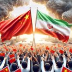 Realistic high-definition illustration showing symbolic representation of China showing solidarity with Iran amidst evident signs of escalating tensions in the Middle East region. This could be portrayed as flags of both nations standing tall against a background that reflects the widening unrest.