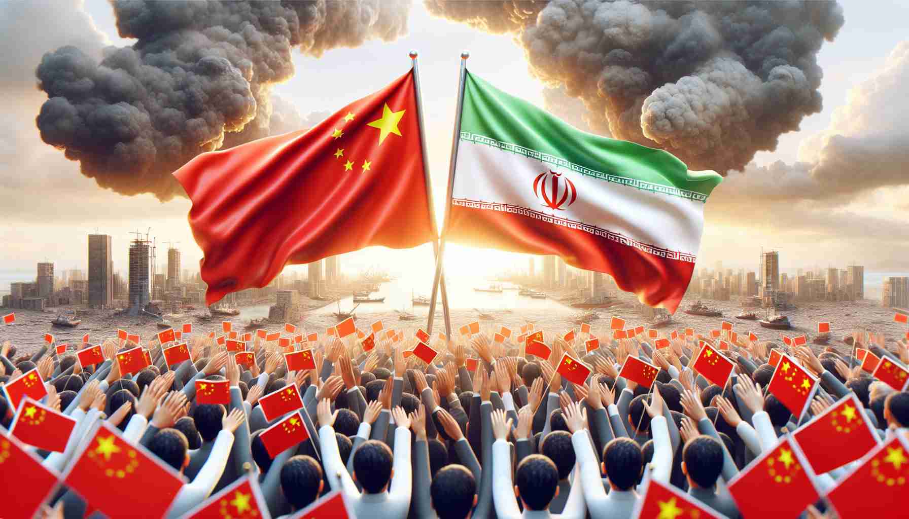 Realistic high-definition illustration showing symbolic representation of China showing solidarity with Iran amidst evident signs of escalating tensions in the Middle East region. This could be portrayed as flags of both nations standing tall against a background that reflects the widening unrest.