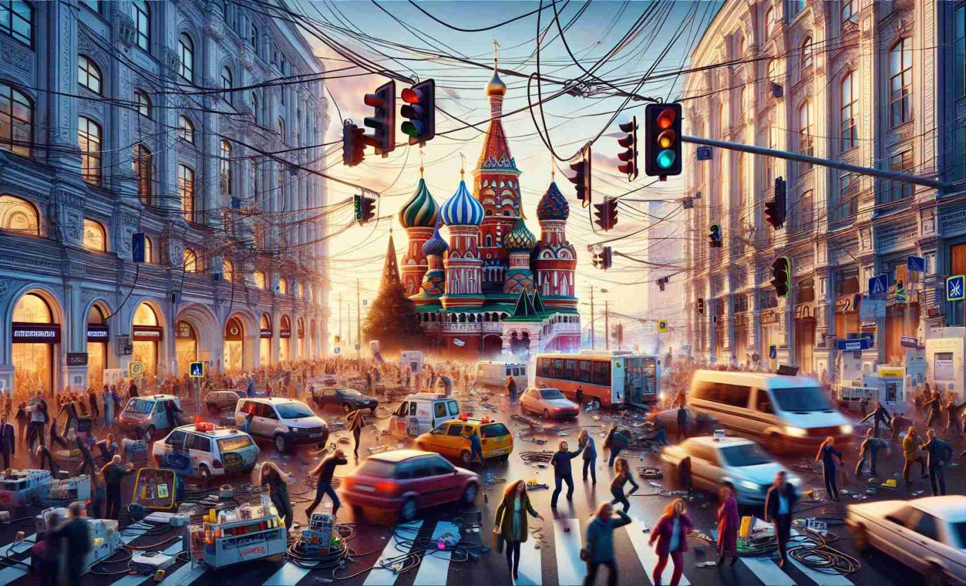 Realistic high-definition image illustrating a scene of chaos brought about by a technological error in Russia. Depict disrupted communication systems, traffic lights malfunctioning, and people expressing surprise and confusion. The backdrop should contain iconic Russian architectural elements, capturing the unique vibrant energy of a bustling city in midst of pandemonium.