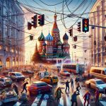 Realistic high-definition image illustrating a scene of chaos brought about by a technological error in Russia. Depict disrupted communication systems, traffic lights malfunctioning, and people expressing surprise and confusion. The backdrop should contain iconic Russian architectural elements, capturing the unique vibrant energy of a bustling city in midst of pandemonium.