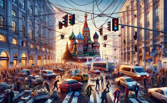 Realistic high-definition image illustrating a scene of chaos brought about by a technological error in Russia. Depict disrupted communication systems, traffic lights malfunctioning, and people expressing surprise and confusion. The backdrop should contain iconic Russian architectural elements, capturing the unique vibrant energy of a bustling city in midst of pandemonium.