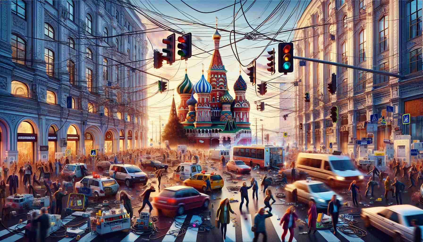 Realistic high-definition image illustrating a scene of chaos brought about by a technological error in Russia. Depict disrupted communication systems, traffic lights malfunctioning, and people expressing surprise and confusion. The backdrop should contain iconic Russian architectural elements, capturing the unique vibrant energy of a bustling city in midst of pandemonium.