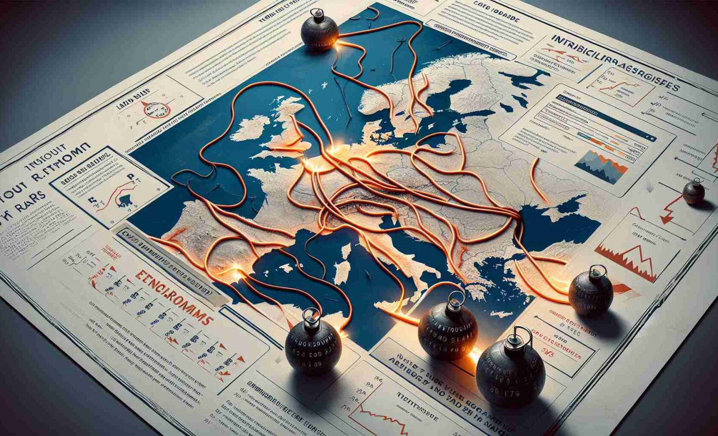 High-resolution, realistic image illustrating increased tensions in European migration routes. Show a map of Europe highlighted with various pathways - these signify the major routes migrants generally follow. Include symbolic visuals to represent tension, like tight ropes or ticking time bombs (but no actual violence or harm). Marked alongside these pathways could be labels with statistical data showing an upward trend. Use neutral colors rather than alarming ones to maintain an unbiased tone. Remember, the people involved remain unseen in this illustration.