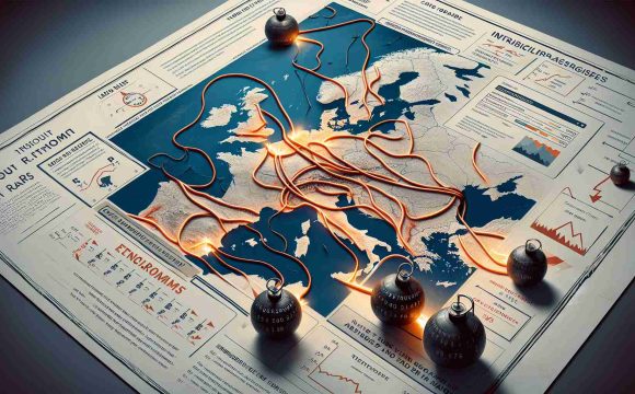 High-resolution, realistic image illustrating increased tensions in European migration routes. Show a map of Europe highlighted with various pathways - these signify the major routes migrants generally follow. Include symbolic visuals to represent tension, like tight ropes or ticking time bombs (but no actual violence or harm). Marked alongside these pathways could be labels with statistical data showing an upward trend. Use neutral colors rather than alarming ones to maintain an unbiased tone. Remember, the people involved remain unseen in this illustration.