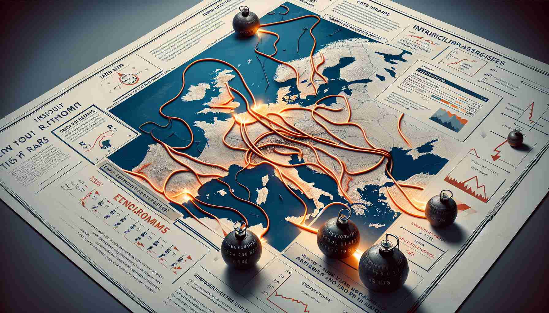 High-resolution, realistic image illustrating increased tensions in European migration routes. Show a map of Europe highlighted with various pathways - these signify the major routes migrants generally follow. Include symbolic visuals to represent tension, like tight ropes or ticking time bombs (but no actual violence or harm). Marked alongside these pathways could be labels with statistical data showing an upward trend. Use neutral colors rather than alarming ones to maintain an unbiased tone. Remember, the people involved remain unseen in this illustration.