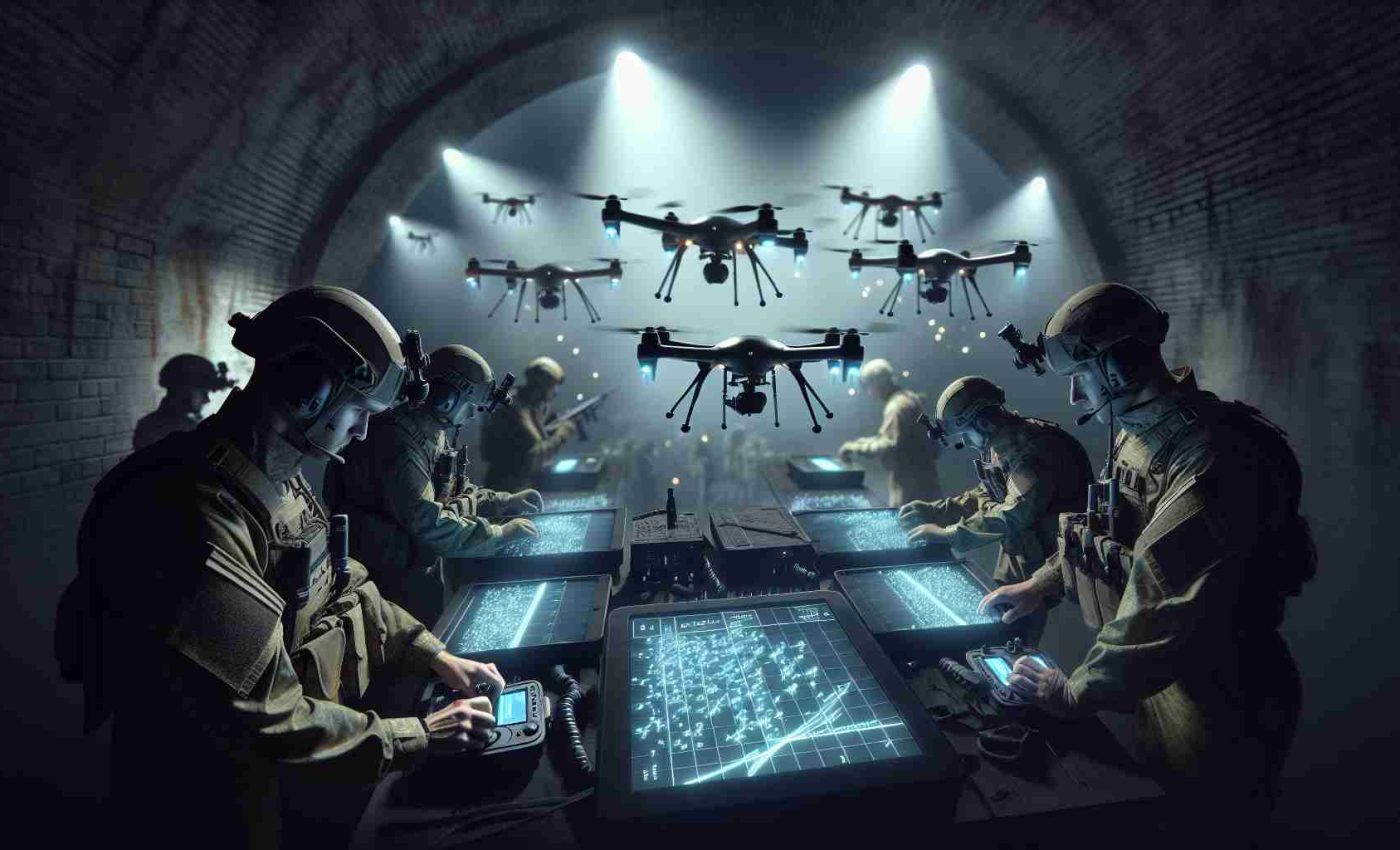 A highly detailed, realistic image portraying a covert operation by a group of Russian military personnel. In this scene, they are neutralizing 150 drones, employing covert tactics and using advanced technology to expertly handle the situation. The setting is enigmatic, under the stealthy cover of the night. Soldiers meticulously operating controls with focused expressions can be seen, while far removed drones disappear slowly, symbolizing successful counteractions. It's important to note that this image illustrates fictional events and does not refer to any real-life operations.