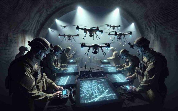 A highly detailed, realistic image portraying a covert operation by a group of Russian military personnel. In this scene, they are neutralizing 150 drones, employing covert tactics and using advanced technology to expertly handle the situation. The setting is enigmatic, under the stealthy cover of the night. Soldiers meticulously operating controls with focused expressions can be seen, while far removed drones disappear slowly, symbolizing successful counteractions. It's important to note that this image illustrates fictional events and does not refer to any real-life operations.