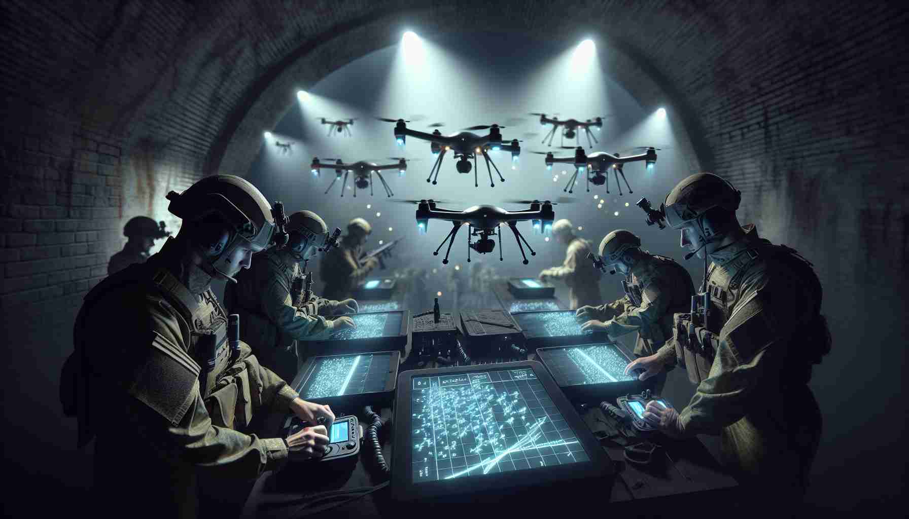 A highly detailed, realistic image portraying a covert operation by a group of Russian military personnel. In this scene, they are neutralizing 150 drones, employing covert tactics and using advanced technology to expertly handle the situation. The setting is enigmatic, under the stealthy cover of the night. Soldiers meticulously operating controls with focused expressions can be seen, while far removed drones disappear slowly, symbolizing successful counteractions. It's important to note that this image illustrates fictional events and does not refer to any real-life operations.