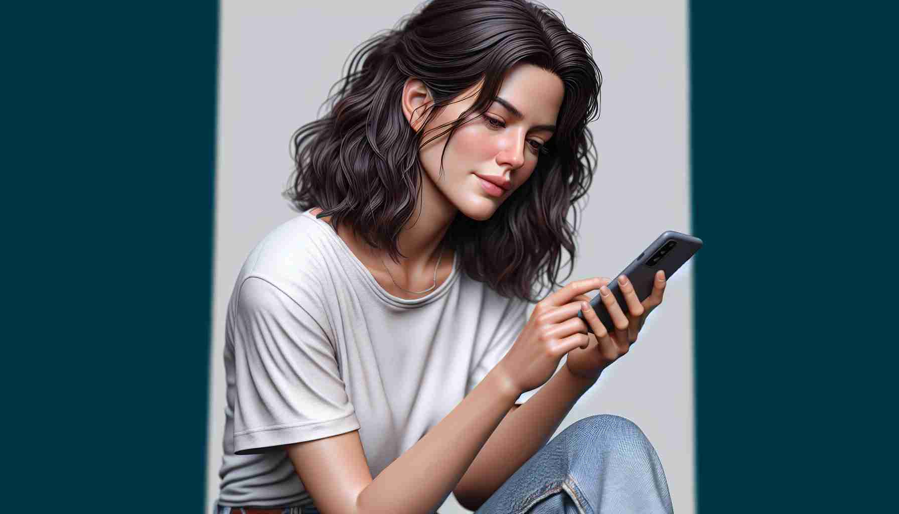 A detailed and realistic high-definition image of a brunette actress taking a break from social media. She wears casual clothing and has a look of relief on her face. Her phone is placed aside, and she's indulging in a moment of peace, perhaps reading a book, having a sip of coffee or enjoying nature.