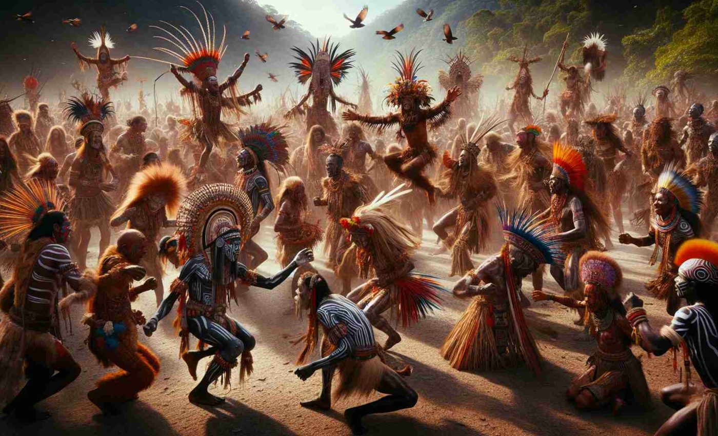 An extremely high-definition and realistic visual representation of tribal celebrations happening on a far-off island, rooted deep in ancestral traditions. The scene captures indigenous people of varied descents - Caucasian, Hispanic, Black, Middle-Eastern and South Asian - all engaging in dynamic cultural festivities. Traditional regalia, body paint, and handcrafted accessories are in full display, showing the vibrant colors and intricate patterns typical of the tribe's rich heritage. Their joyful expressions and passionate movements tell a story of time-honored traditions, unity and a deep connection with their environment.