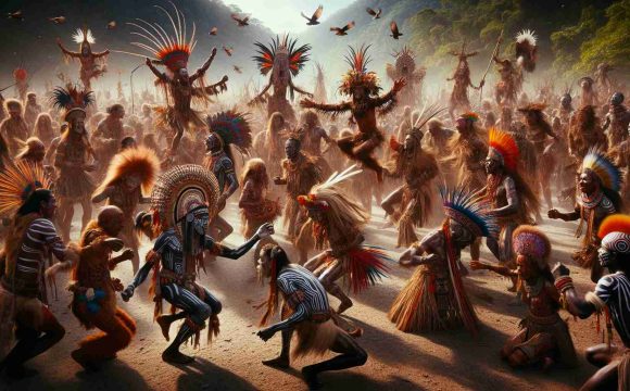 An extremely high-definition and realistic visual representation of tribal celebrations happening on a far-off island, rooted deep in ancestral traditions. The scene captures indigenous people of varied descents - Caucasian, Hispanic, Black, Middle-Eastern and South Asian - all engaging in dynamic cultural festivities. Traditional regalia, body paint, and handcrafted accessories are in full display, showing the vibrant colors and intricate patterns typical of the tribe's rich heritage. Their joyful expressions and passionate movements tell a story of time-honored traditions, unity and a deep connection with their environment.