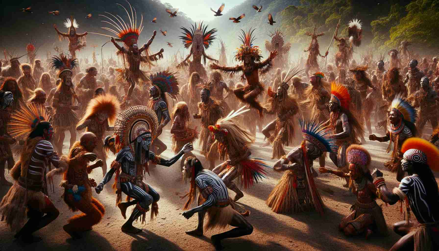 An extremely high-definition and realistic visual representation of tribal celebrations happening on a far-off island, rooted deep in ancestral traditions. The scene captures indigenous people of varied descents - Caucasian, Hispanic, Black, Middle-Eastern and South Asian - all engaging in dynamic cultural festivities. Traditional regalia, body paint, and handcrafted accessories are in full display, showing the vibrant colors and intricate patterns typical of the tribe's rich heritage. Their joyful expressions and passionate movements tell a story of time-honored traditions, unity and a deep connection with their environment.