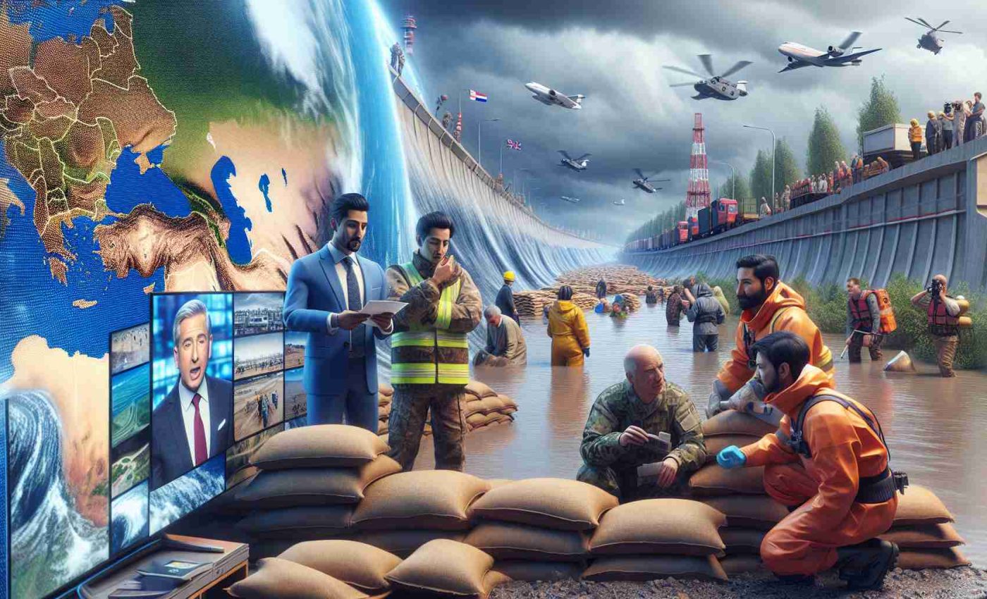 High-definition, realistic image showing the preparation across Europe in anticipation of catastrophic natural events. Depict a variety of countries, with a prominent focus on flood management solutions such as sandbags, flood barriers, and specialized rescue teams coordinating efforts. Show a South Asian male meteorologist reporting the situation on TV, an East Asian female rescue worker assisting in sandbag placement, and a Middle-Eastern male engineer inspecting a flood barrier with a team.