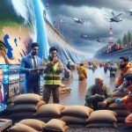 High-definition, realistic image showing the preparation across Europe in anticipation of catastrophic natural events. Depict a variety of countries, with a prominent focus on flood management solutions such as sandbags, flood barriers, and specialized rescue teams coordinating efforts. Show a South Asian male meteorologist reporting the situation on TV, an East Asian female rescue worker assisting in sandbag placement, and a Middle-Eastern male engineer inspecting a flood barrier with a team.