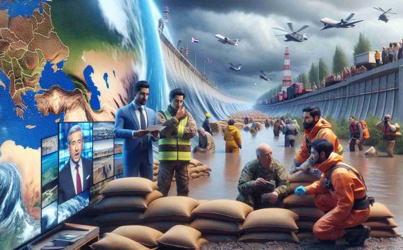 High-definition, realistic image showing the preparation across Europe in anticipation of catastrophic natural events. Depict a variety of countries, with a prominent focus on flood management solutions such as sandbags, flood barriers, and specialized rescue teams coordinating efforts. Show a South Asian male meteorologist reporting the situation on TV, an East Asian female rescue worker assisting in sandbag placement, and a Middle-Eastern male engineer inspecting a flood barrier with a team.