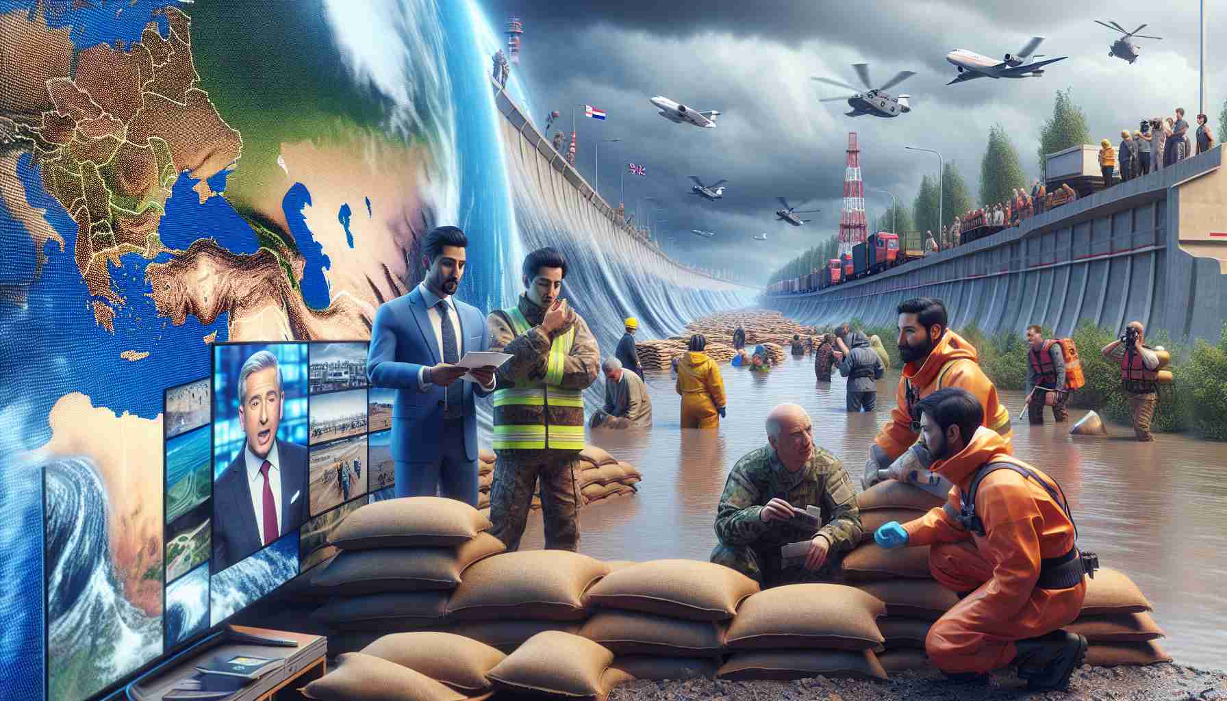 High-definition, realistic image showing the preparation across Europe in anticipation of catastrophic natural events. Depict a variety of countries, with a prominent focus on flood management solutions such as sandbags, flood barriers, and specialized rescue teams coordinating efforts. Show a South Asian male meteorologist reporting the situation on TV, an East Asian female rescue worker assisting in sandbag placement, and a Middle-Eastern male engineer inspecting a flood barrier with a team.