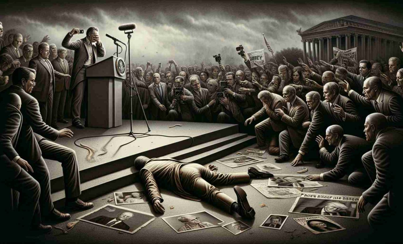 A detailed, high-definition depiction of an influential persona's fall from stature. The scene shows a public figure, marked by notable signs of previous grandeur, now facing disillusionment and disgrace. The background should convey the gravity of the situation - the crowd's disappointment, the media frenzy, and the gloomy weather serving as foreshadowing. The individual themselves appear stricken, the realization of their downfall evident in their expressions and body language. Imagery and symbols that signify their past influence and current disgrace are scattered around them.