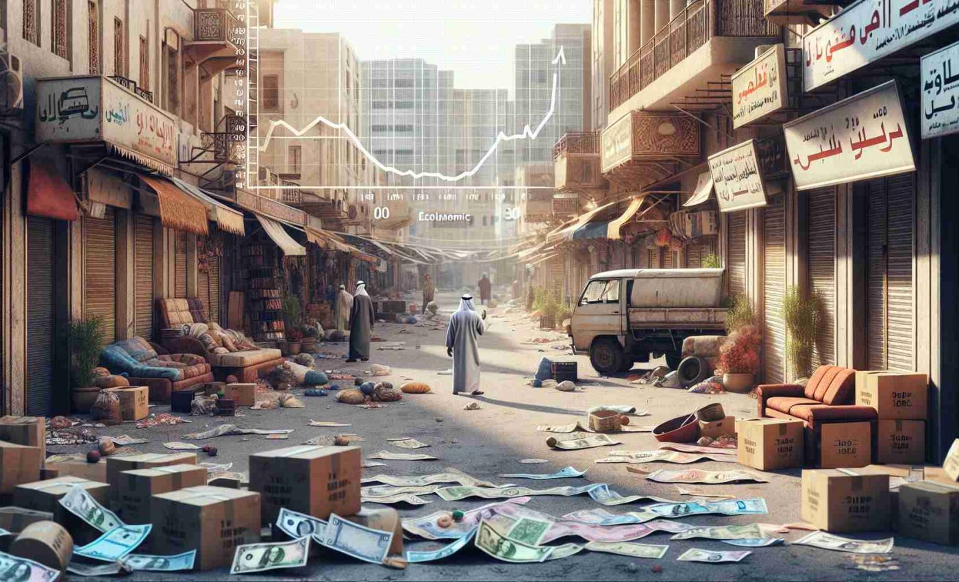 Detailed HD representation of the economic aftermath of a conflict as viewed in a hypothetical Middle-Eastern country. Show a once bustling market now eerily quiet with closed shops. Streets lined with buildings that bear the impact of recent confrontations. Some people still trying to go about their daily routine despite the evident challenges. Currency notes lying around indicating inflation. Graphical overlays of declining economic statistics can be included to emphasize the scale of the issue.