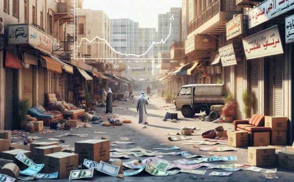 Detailed HD representation of the economic aftermath of a conflict as viewed in a hypothetical Middle-Eastern country. Show a once bustling market now eerily quiet with closed shops. Streets lined with buildings that bear the impact of recent confrontations. Some people still trying to go about their daily routine despite the evident challenges. Currency notes lying around indicating inflation. Graphical overlays of declining economic statistics can be included to emphasize the scale of the issue.