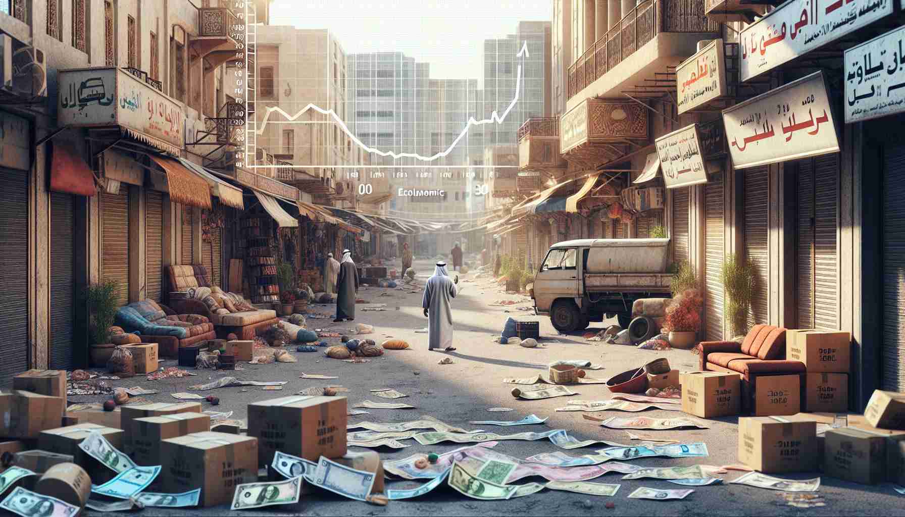 Detailed HD representation of the economic aftermath of a conflict as viewed in a hypothetical Middle-Eastern country. Show a once bustling market now eerily quiet with closed shops. Streets lined with buildings that bear the impact of recent confrontations. Some people still trying to go about their daily routine despite the evident challenges. Currency notes lying around indicating inflation. Graphical overlays of declining economic statistics can be included to emphasize the scale of the issue.