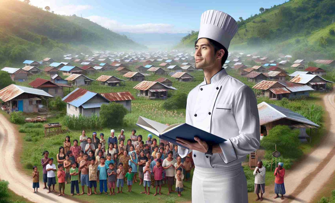 A realistic high-definition image showcasing a world-renowned chef of South Asian descent, wearing a white chef's uniform and launching a culinary school in a remote village. The village scene includes small rustic houses, a clear blue sky, lush green landscape and curious local people of diverse descents, who are gathered to witness the occasion. Some of them are holding cooking utensils and books, eager to start their culinary journey.