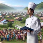 A realistic high-definition image showcasing a world-renowned chef of South Asian descent, wearing a white chef's uniform and launching a culinary school in a remote village. The village scene includes small rustic houses, a clear blue sky, lush green landscape and curious local people of diverse descents, who are gathered to witness the occasion. Some of them are holding cooking utensils and books, eager to start their culinary journey.