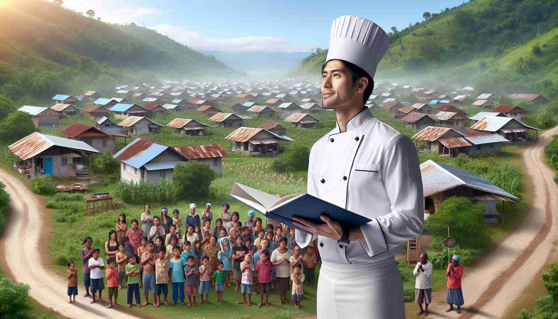 A realistic high-definition image showcasing a world-renowned chef of South Asian descent, wearing a white chef's uniform and launching a culinary school in a remote village. The village scene includes small rustic houses, a clear blue sky, lush green landscape and curious local people of diverse descents, who are gathered to witness the occasion. Some of them are holding cooking utensils and books, eager to start their culinary journey.