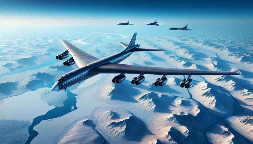 High-definition, realistic image of Russian bomber aircrafts executing scheduled flights over the frosty landscapes of the Arctic. The bombers are large, with streamlined bodies and expansive wingspans, soaring in a clear blue sky. The Arctic below is a blend of snow-covered lands and icy waters, rendered in stunning detail to evoke a sense of frigid cold and desolation.