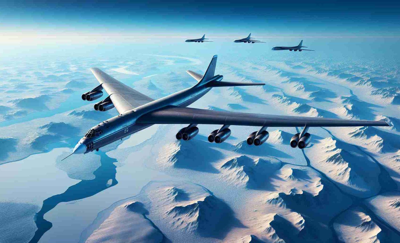 High-definition, realistic image of Russian bomber aircrafts executing scheduled flights over the frosty landscapes of the Arctic. The bombers are large, with streamlined bodies and expansive wingspans, soaring in a clear blue sky. The Arctic below is a blend of snow-covered lands and icy waters, rendered in stunning detail to evoke a sense of frigid cold and desolation.