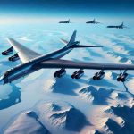 High-definition, realistic image of Russian bomber aircrafts executing scheduled flights over the frosty landscapes of the Arctic. The bombers are large, with streamlined bodies and expansive wingspans, soaring in a clear blue sky. The Arctic below is a blend of snow-covered lands and icy waters, rendered in stunning detail to evoke a sense of frigid cold and desolation.