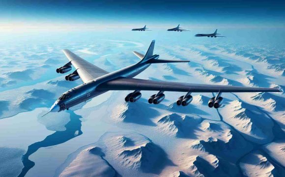 High-definition, realistic image of Russian bomber aircrafts executing scheduled flights over the frosty landscapes of the Arctic. The bombers are large, with streamlined bodies and expansive wingspans, soaring in a clear blue sky. The Arctic below is a blend of snow-covered lands and icy waters, rendered in stunning detail to evoke a sense of frigid cold and desolation.