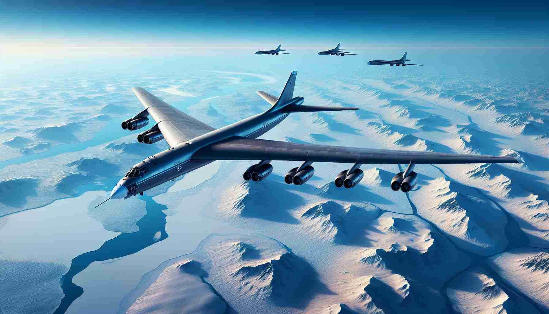 High-definition, realistic image of Russian bomber aircrafts executing scheduled flights over the frosty landscapes of the Arctic. The bombers are large, with streamlined bodies and expansive wingspans, soaring in a clear blue sky. The Arctic below is a blend of snow-covered lands and icy waters, rendered in stunning detail to evoke a sense of frigid cold and desolation.